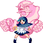 kumoi ichirin, unzan, jojo no kimyou na bouken, touhou, lowres, non-web source, 1boy, 1girl, full body, hood, parody, pixel art, stand (jojo), transparent background