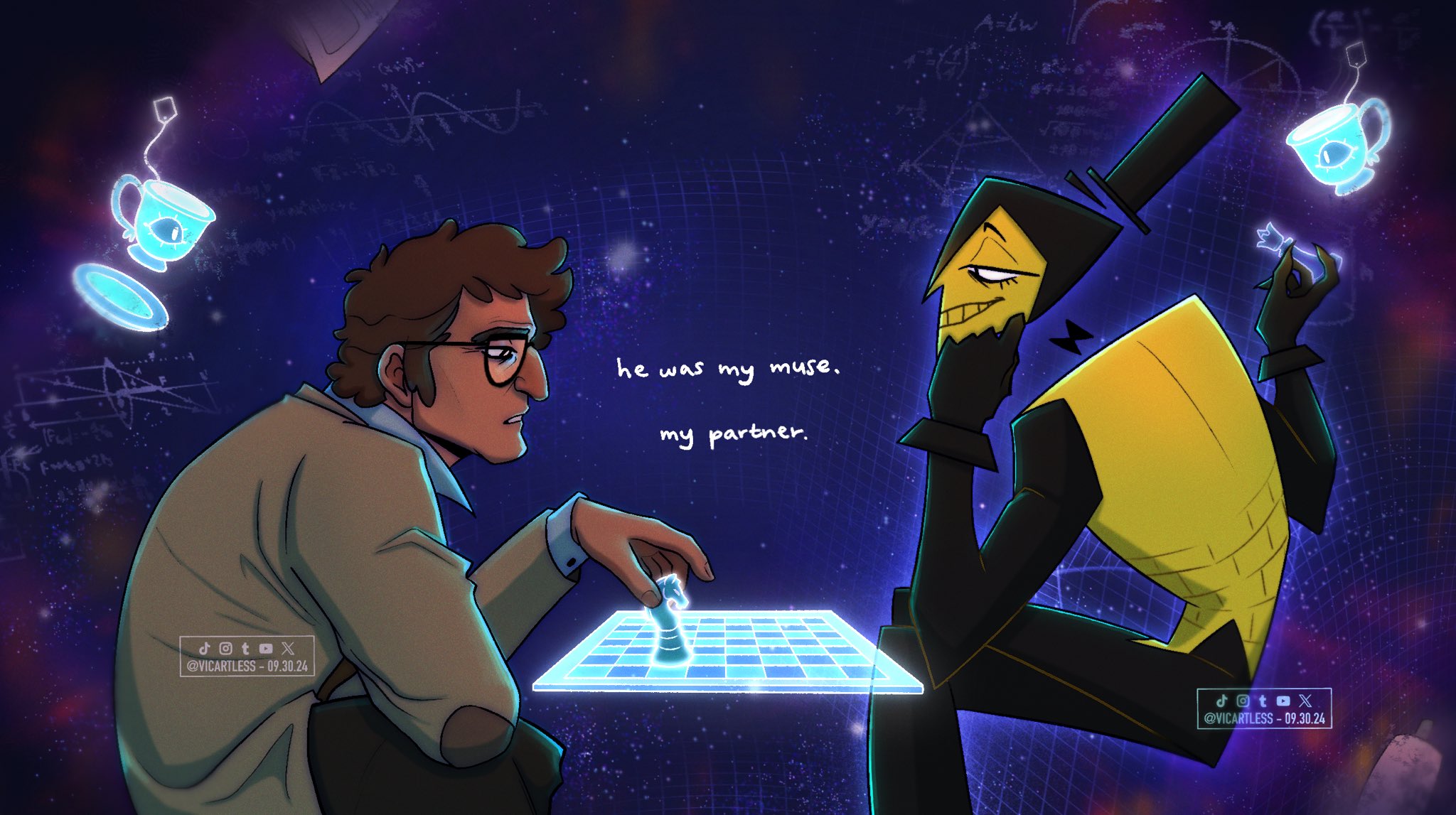 bill cipher, ford pines, gravity falls, alt text, commentary, english commentary, highres, 2boys, aged down, alternate costume, big nose, black bow, black bowtie, black eyes, black hat, black pants, black sleeves, blurry, board game, bow, bowtie, bright pupils, brown hair, chess, chess piece, coat, collared shirt, colored teeth, crossed legs, cup, dated, depth of field, elbow on knee, english text, feet out of frame, floating, floating head, floating object, geometry, glasses, glowing object, half-closed eyes, hat, head rest, holding, holding chess piece, humanization, invisible chair, knight (chess), looking at another, math, mini hat, mini top hat, multiple boys, pants, parted lips, playing chess, queen (chess), shirt, sitting, smile, space, teacup, teeth, top hat, tray, twitter username, vest, vicartless, white pupils, white shirt, yellow teeth, yellow vest