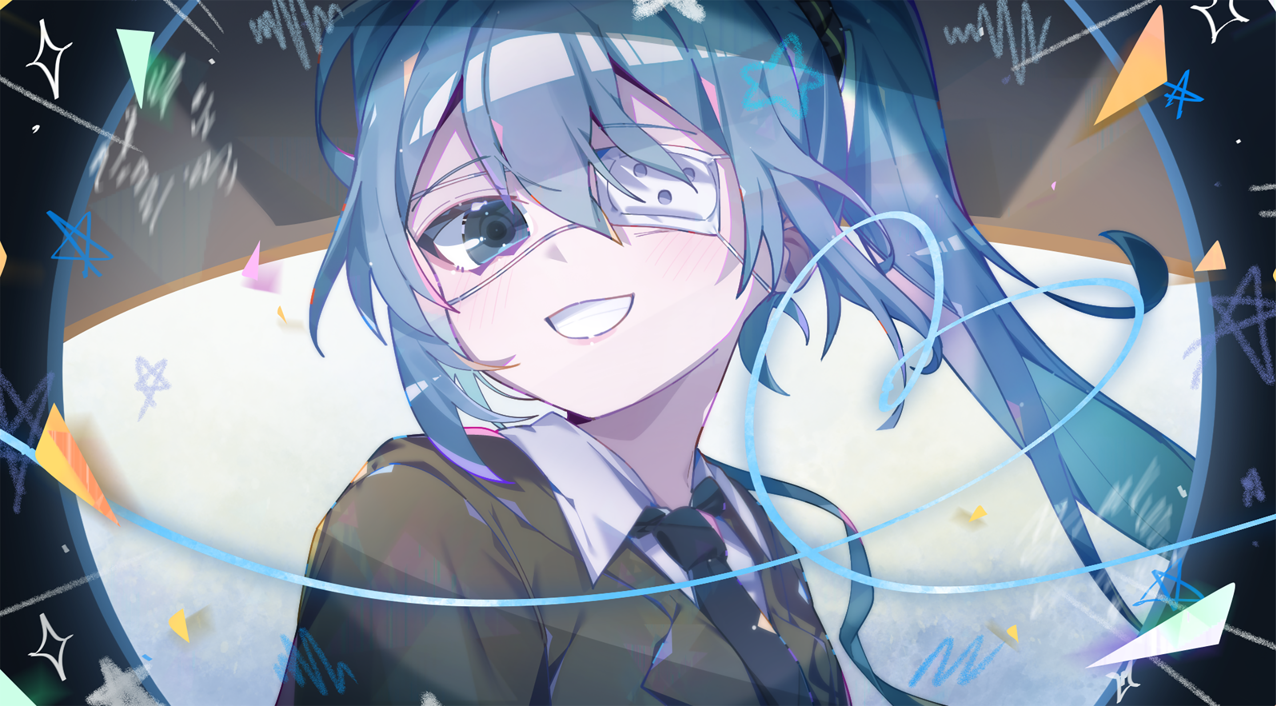 sia 6767, hatsune miku, monitoring (vocaloid), vocaloid, highres, 1girl, black necktie, blue eyes, blue hair, collared shirt, eyepatch, grin, long hair, looking at viewer, necktie, open mouth, shirt, smile, solo, teeth, upper body, white shirt