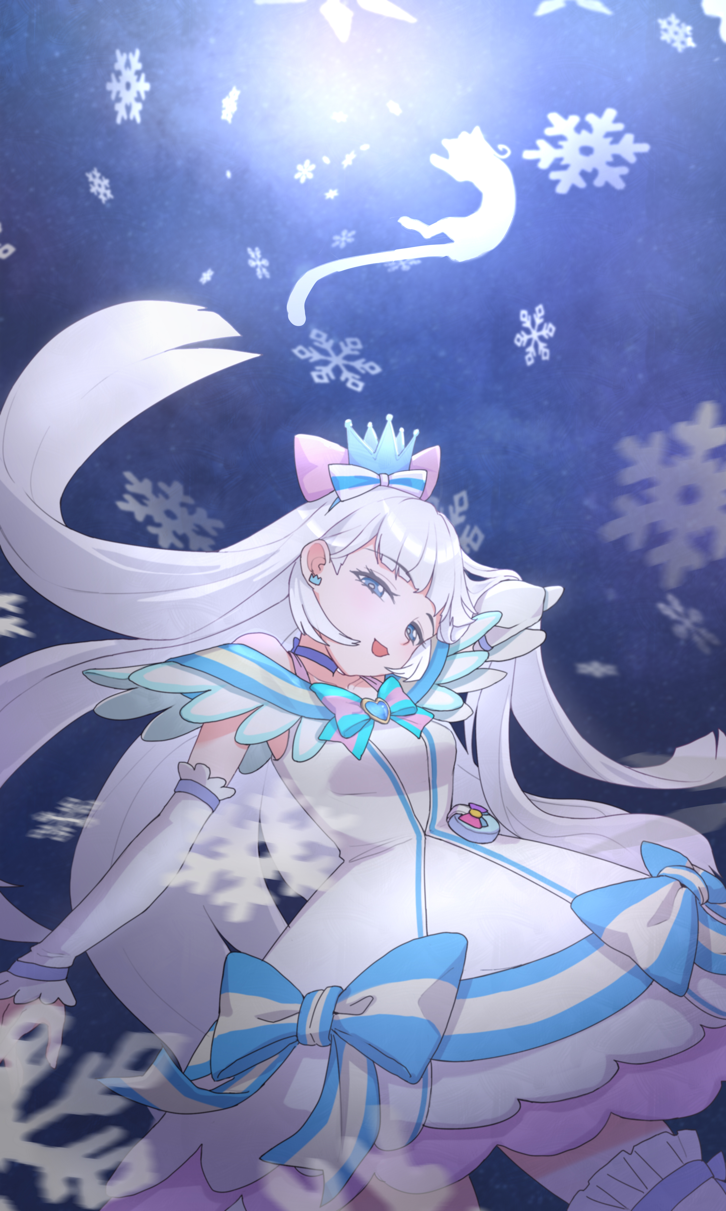 vanmirror, cure nyammy, nekoyashiki yuki, precure, wonderful precure!, absurdres, highres, 1girl, blue choker, brooch, cat, choker, crown, crown earrings, dress, earrings, frilled arm warmers, hair lift, head tilt, heart, heart brooch, jewelry, long hair, looking at viewer, magical girl, mini crown, snowflakes, thighhighs, white arm warmers, white dress, white hair