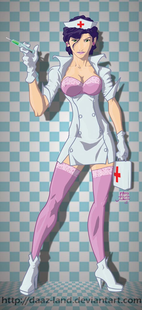 daaz, bra, gloves, green eyes, high heels, legs, lingerie, nurse, purple hair, solo, syringe, thighhighs, underwear