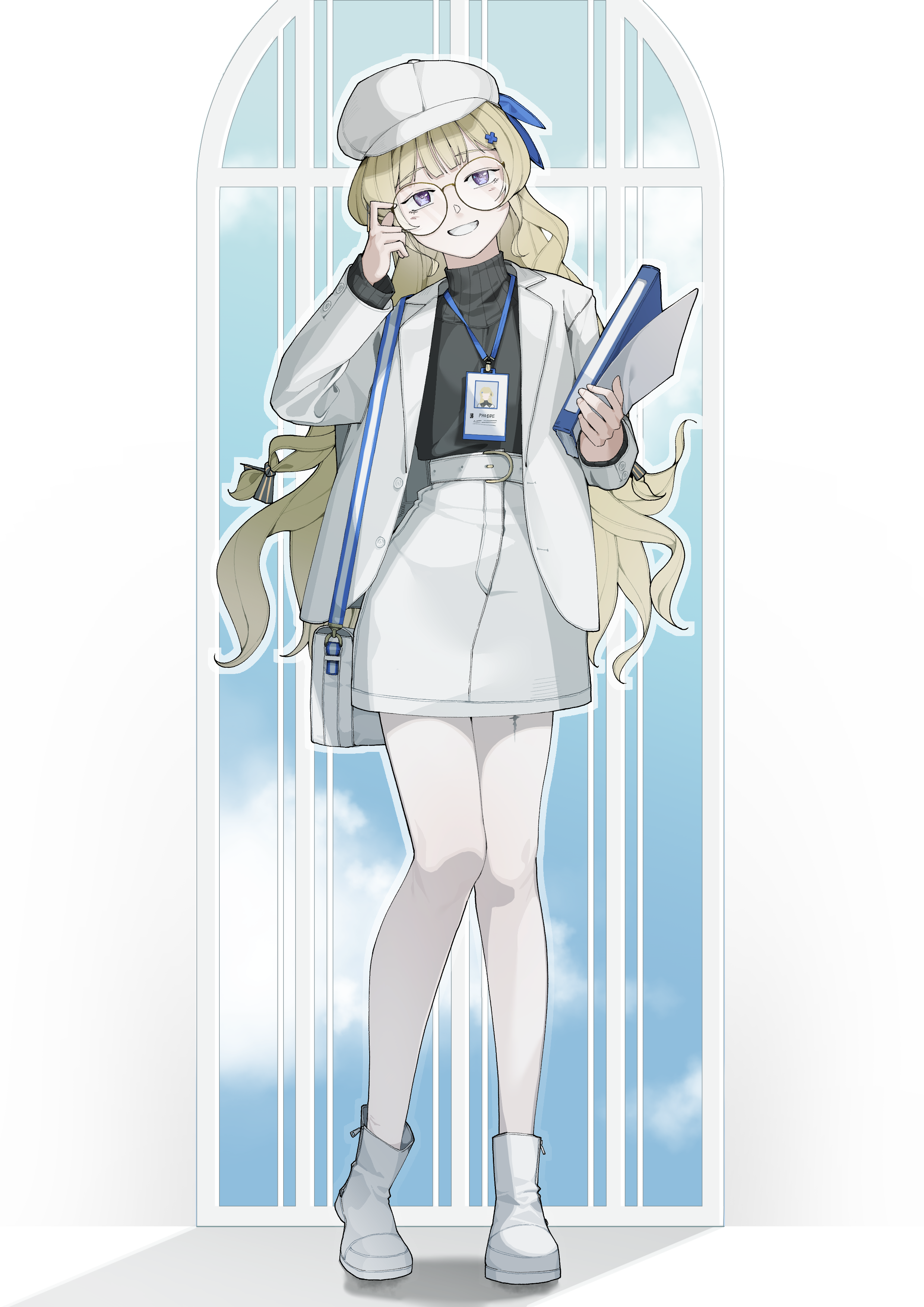 phoebe (wuthering waves), wuthering waves, absurdres, commentary, highres, 1girl, bag, bespectacled, black shirt, blonde hair, boots, full body, glasses, grin, hair ornament, hat, holding, id card, jacket, lanyard, long hair, long sleeves, looking at viewer, open clothes, open jacket, pantyhose, purple eyes, rockkk123, round eyewear, shirt, shoulder bag, skirt, smile, solo, standing, turtleneck, turtleneck shirt, white bag, white boots, white hat, white jacket, white pantyhose, white skirt, x hair ornament