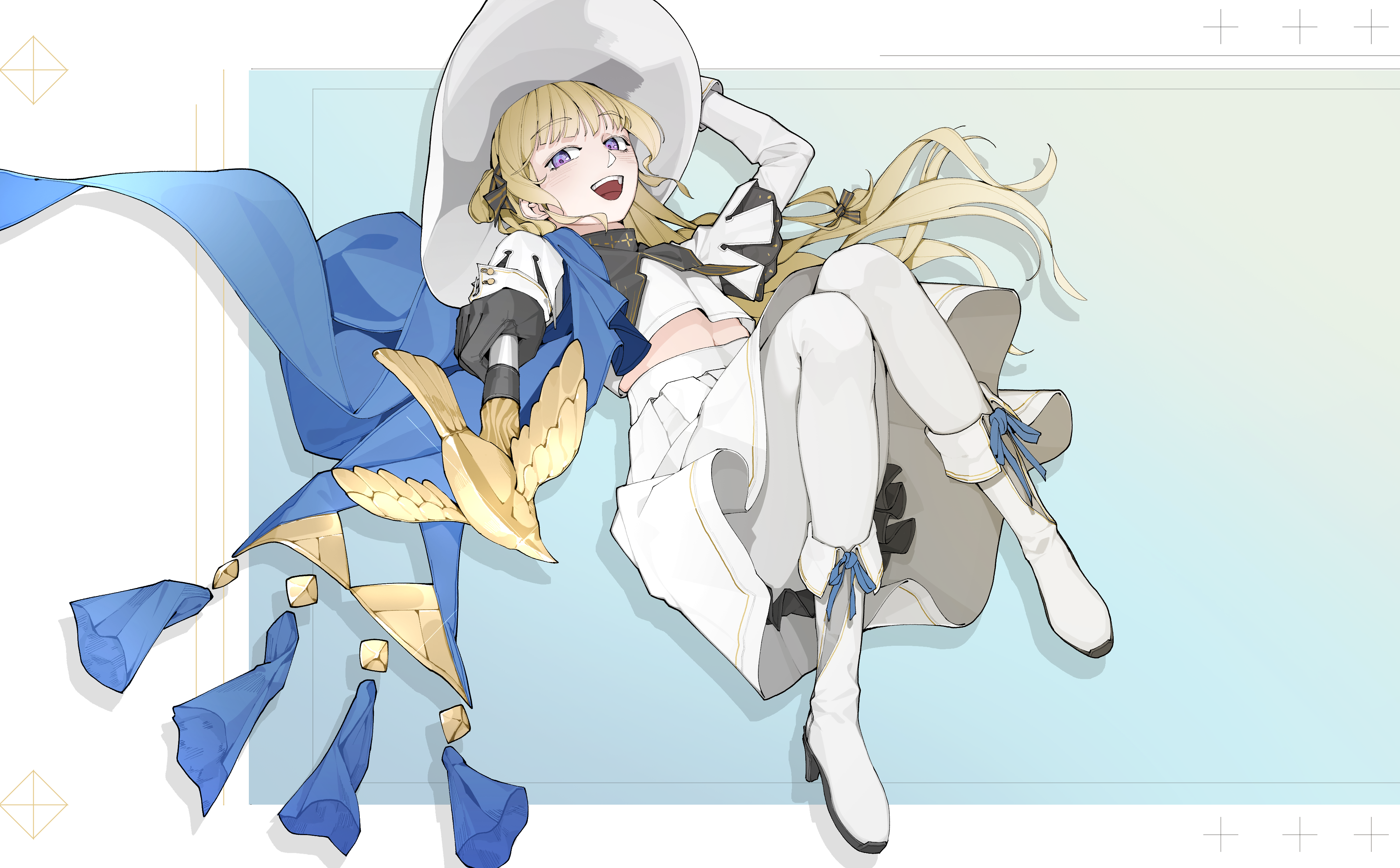 phoebe (wuthering waves), wuthering waves, absurdres, commentary, highres, 1girl, arm up, black collar, black gloves, blonde hair, blue sash, boots, collar, crop top, full body, gloves, hat, high-waist skirt, holding, holding staff, long hair, long sleeves, looking at viewer, open mouth, pantyhose, purple eyes, rockkk123, sash, shirt, skirt, smile, solo, staff, white boots, white hat, white pantyhose, white shirt, white skirt