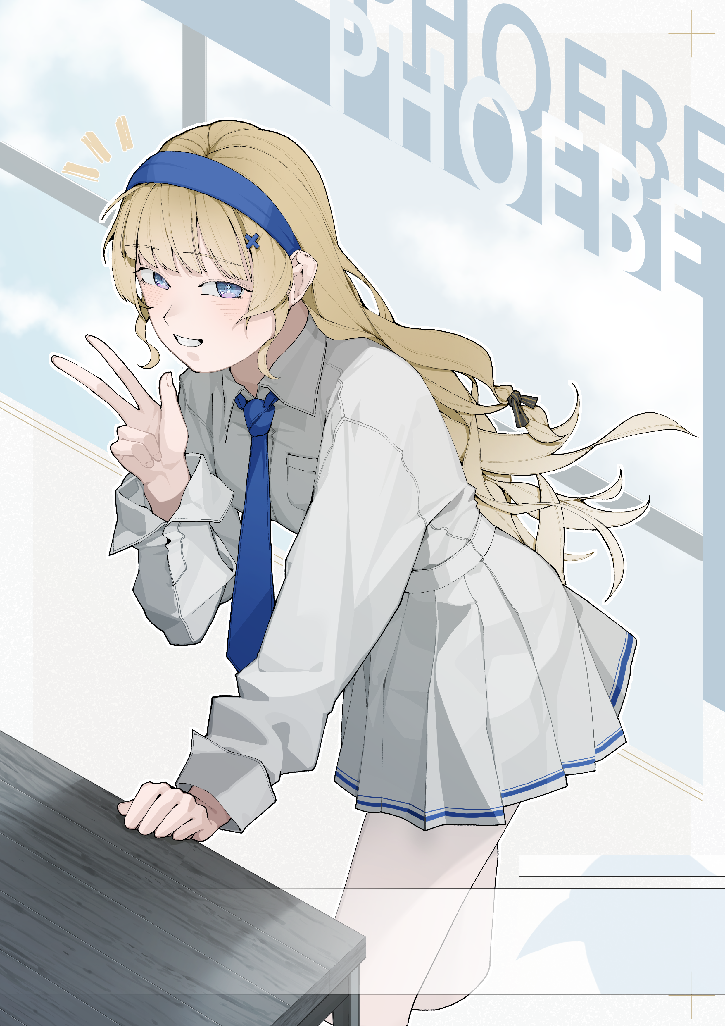 phoebe (wuthering waves), wuthering waves, absurdres, commentary, highres, 1girl, against table, alternate costume, black bow, blonde hair, blue eyes, blue hairband, blue necktie, bow, character name, collared shirt, hair bow, hairband, hand up, leaning forward, long hair, long sleeves, looking at viewer, looking to the side, necktie, notice lines, pantyhose, rockkk123, shirt, sideways glance, skirt, smile, solo, w, white pantyhose, white shirt, white skirt