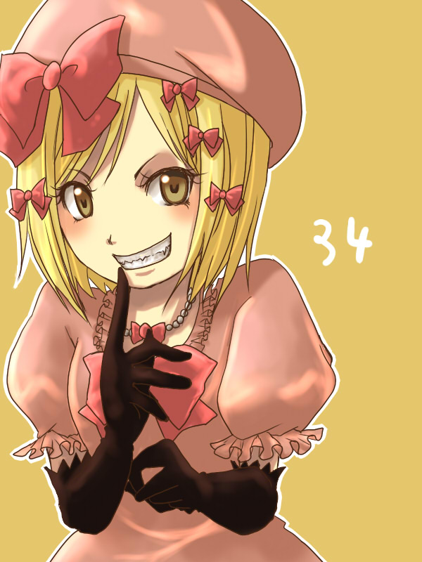 riko (runrunrabbit), lambdadelta, umineko no naku koro ni, bad id, bad pixiv id, 00s, 1girl, blonde hair, blush, dress, elbow gloves, female focus, gloves, hat, pink dress, pink hat, ribbon, short hair, smile, solo, yellow eyes