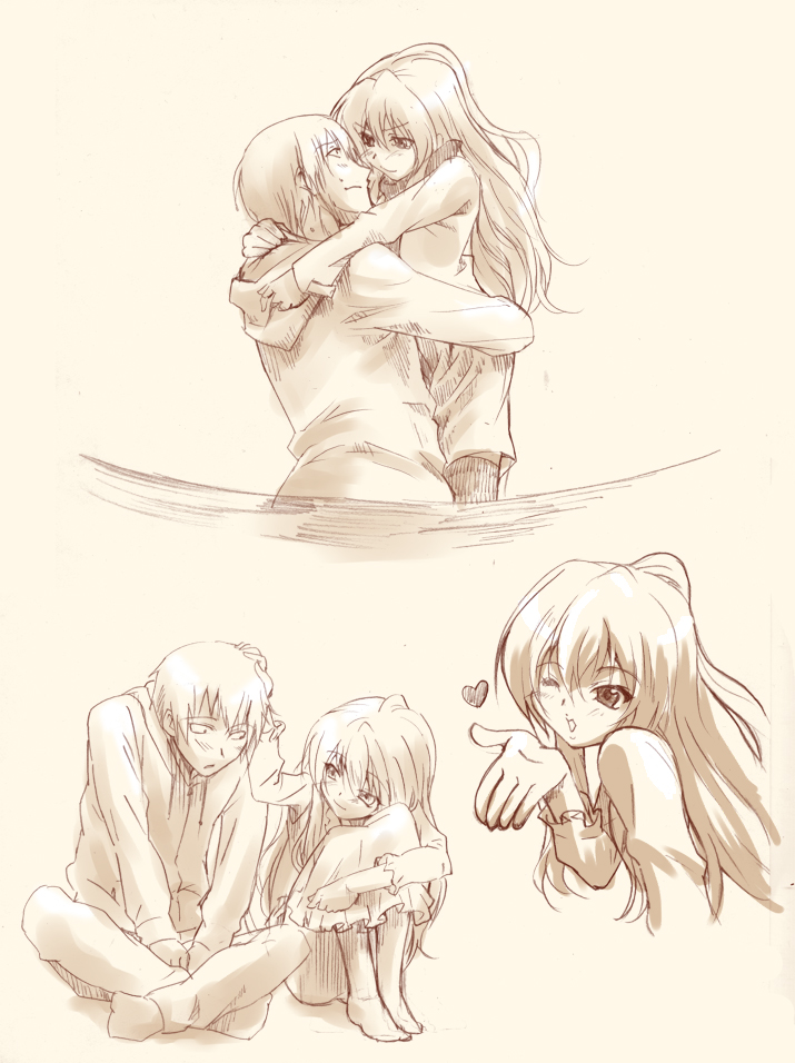 marumi, aisaka taiga, takasu ryuuji, toradora!, traditional media, 00s, 1boy, 1girl, barefoot, blowing kiss, couple, headpat, heart, hetero, hug, long hair, monochrome, one eye closed, pajamas, sketch, wink