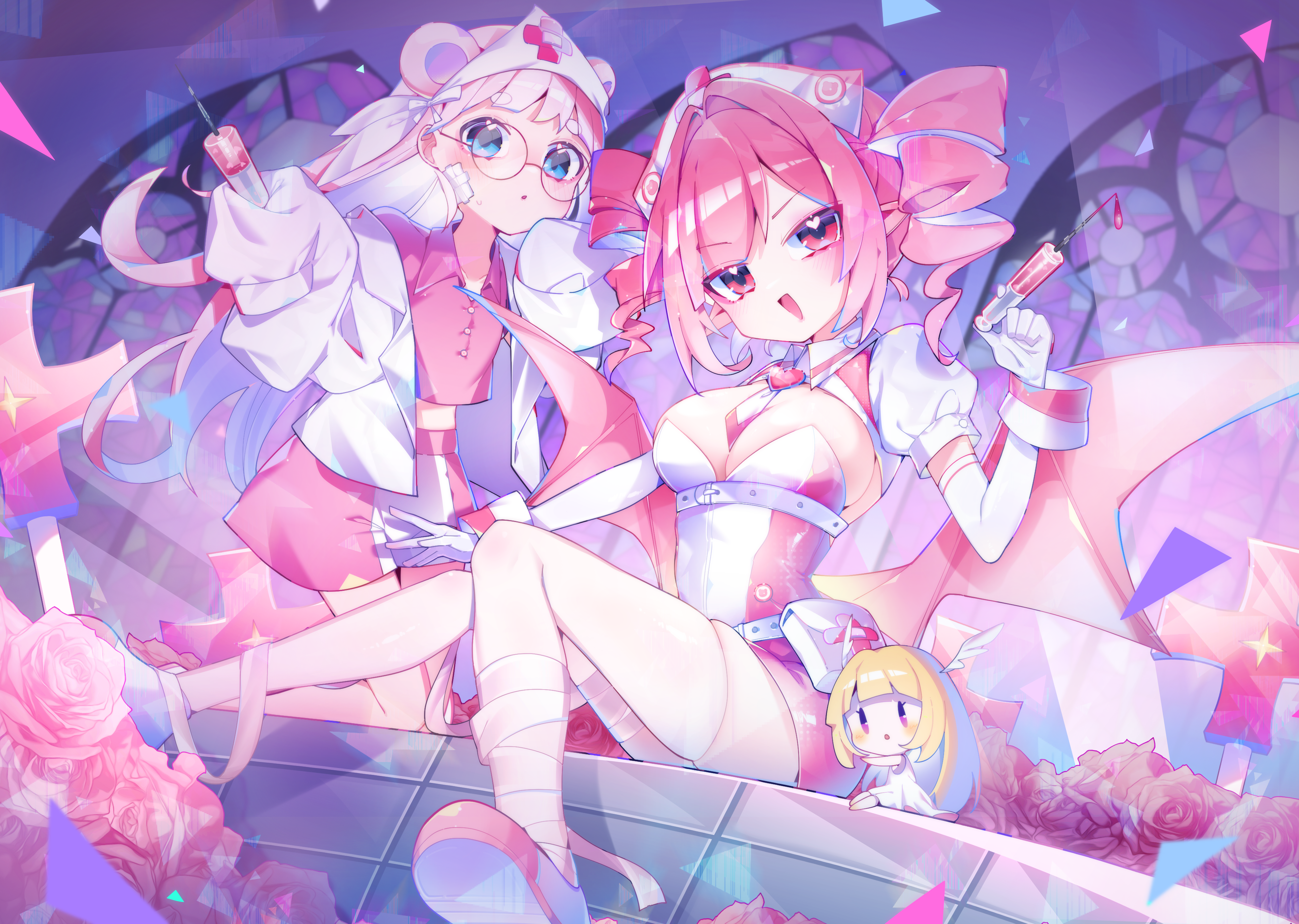sia 6767, muse dash, absurdres, character request, highres, 3girls, blonde hair, blue eyes, blush, breasts, brown eyes, cleavage, elbow gloves, glasses, gloves, holding, holding syringe, large breasts, long hair, looking at viewer, mini person, minigirl, multiple girls, open mouth, parted lips, pink eyes, pink hair, pink shoes, puffy short sleeves, puffy sleeves, round eyewear, shoes, short sleeves, sitting, smile, syringe, white gloves, white hair