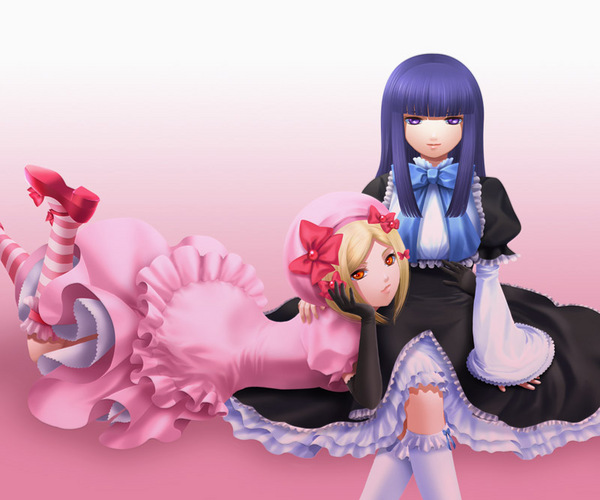 frederica bernkastel, lambdadelta, umineko no naku koro ni, 00s, 2girls, blonde hair, blue eyes, blue hair, dress, hat, long hair, lying, multiple girls, orange eyes, pink dress, pink hat, purple eyes, ribbon, short hair, sitting, socks