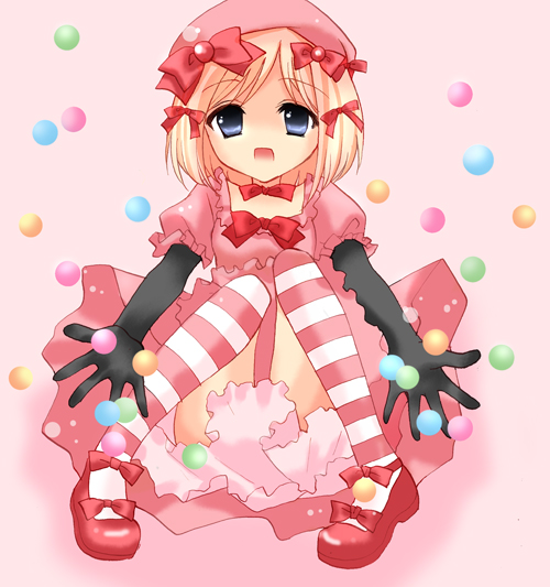 houjou yutori, lambdadelta, umineko no naku koro ni, 00s, 1girl, blonde hair, blue eyes, candy, chibi, dress, elbow gloves, female focus, food, gloves, hat, pink dress, pink hat, ribbon, short hair, sitting, smile, socks, solo