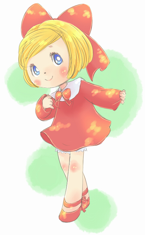 yamanokonza, original, 1girl, blonde hair, bloomers, blue eyes, blush, bow, bowtie, dress, footwear bow, hair bow, long sleeves, looking at viewer, red bow, red bowtie, red dress, red shoes, red theme, shoes, short hair, smile, standing, underwear, white background, white bloomers