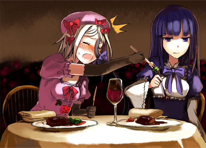 erf, sora (efr), frederica bernkastel, lambdadelta, umineko no naku koro ni, bad id, bad pixiv id, 00s, 2girls, ^^^, alcohol, blonde hair, blue eyes, blue hair, blush, broccoli, carrot, cat tail, chair, closed eyes, cup, dress, drinking glass, eating, food, fork, hat, knife, long hair, meat, multiple girls, pink dress, pink hat, pumpkin, ribbon, short hair, table, tail, tears, vegetable, wine, wine glass