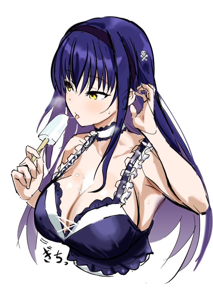 zenoo, kushima kamome, summer pockets, 1girl, black choker, black hair, black hairband, blue camisole, blush, bone hair ornament, breasts, camisole, choker, cleavage, clueless, collarbone, cowboy shot, food, frilled camisole, frills, hair between eyes, hair ornament, hairband, ice cream, large breasts, long hair, motion lines, open mouth, sexually suggestive, sideboob, sidelocks, simple background, skull and crossbones, skull hair ornament, smile, solo, speech bubble, straight hair, tongue, tongue out, upper body, white background, yellow eyes