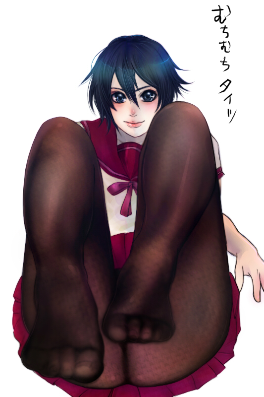 nachi007, bad id, bad pixiv id, 1girl, ass, blue eyes, blue hair, blush, feet, female focus, lips, matching hair/eyes, pantyhose, school uniform, short hair, solo