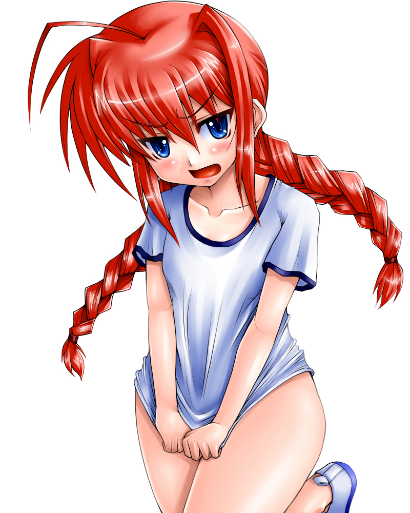 gao (artist), gao (naodayo), vita (nanoha), lyrical nanoha, mahou shoujo lyrical nanoha, mahou shoujo lyrical nanoha a's, 00s, 1girl, ahoge, blue eyes, blush, bottomless, braid, cover, covering crotch, covering privates, female focus, long hair, naked shirt, red hair, shirt, shirt tug, solo, t-shirt, twin braids