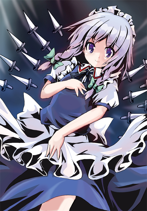 fa no hito, izayoi sakuya, touhou, silver hair, 1girl, braid, female focus, floating, knife, short hair, solo, throwing knife, twin braids, weapon