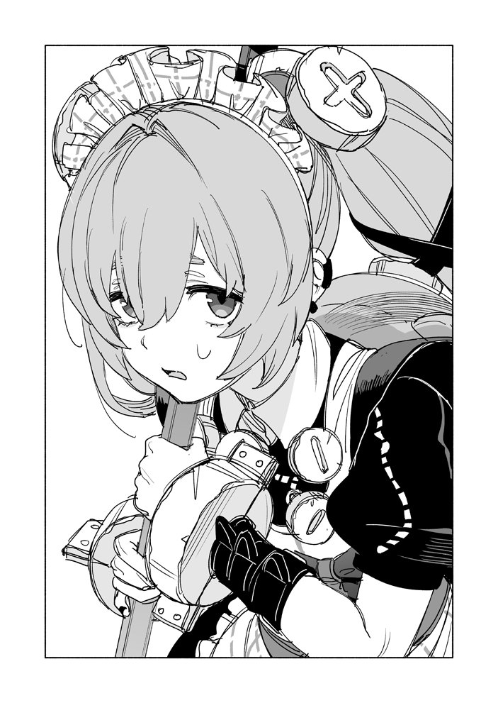 birdhatter, corin wickes, zenless zone zero, 1girl, animal bag, apron, black dress, black nails, dress, earrings, greyscale, hair between eyes, hair ornament, holding, holding weapon, jewelry, long hair, looking at viewer, maid, maid apron, maid headdress, metal wrist cuffs, monochrome, screw, screw hair ornament, solo, sweat, sweatdrop, twintails, weapon, white apron, wrist belt