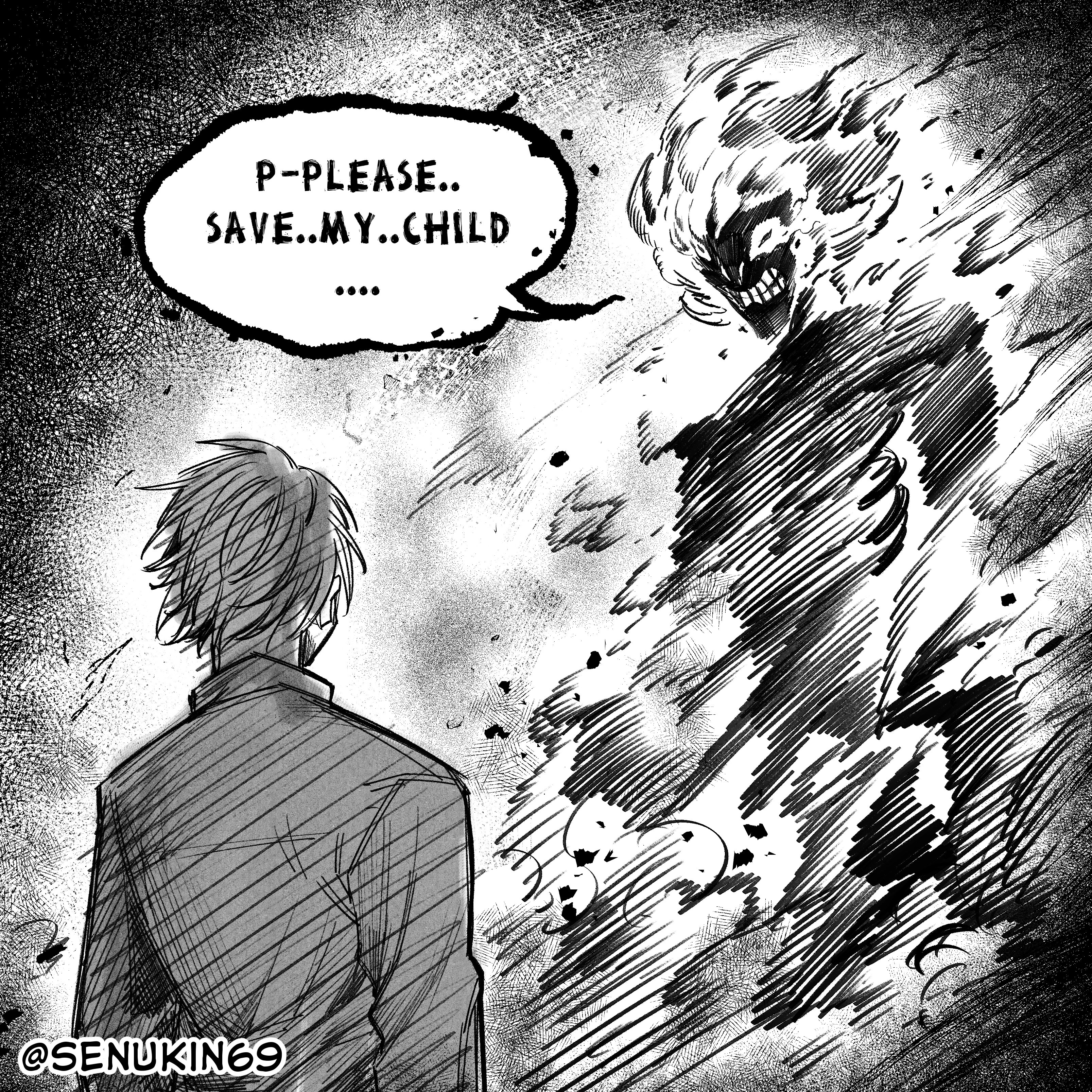 senukin, original, absurdres, commentary, highres, 1boy, 1girl, artist name, burning, clenched teeth, coat, disfigured, english text, greyscale, hatching (texture), looking at another, monochrome, short hair, speech bubble, talking, teeth, twitter username