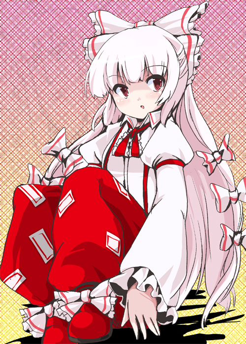 fa no hito, fujiwara no mokou, touhou, 1girl, :o, bow, female focus, sitting, solo
