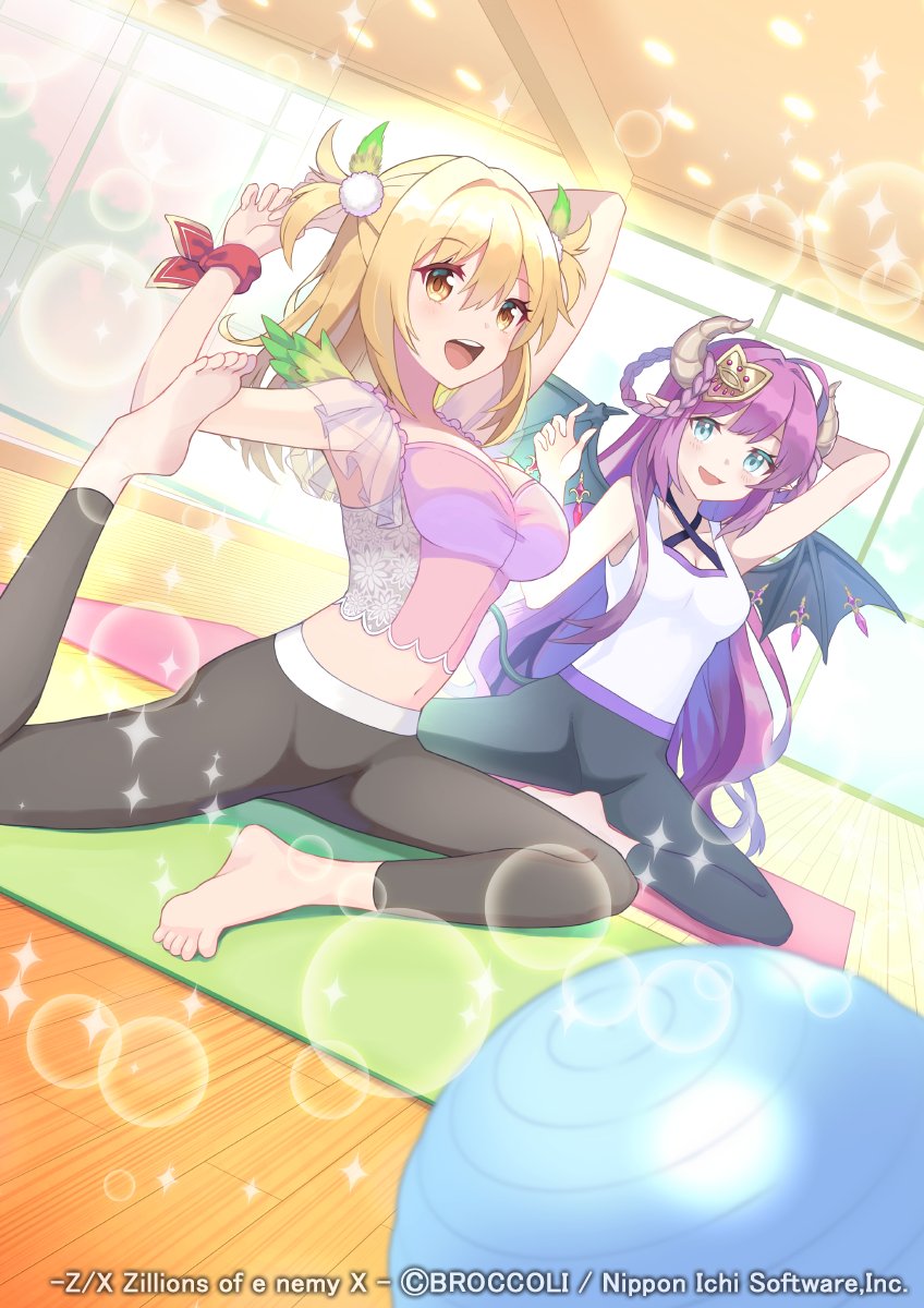 botamochi (exwelder), z/x, highres, official art, 2girls, ahoge, ball, black pants, black wings, blonde hair, blue eyes, braid, braided hair rings, breasts, brown horns, cana (z/x), cleavage, copyright notice, demon tail, demon wings, exercise ball, exercising, feathered wings, green wings, hair ornament, hair rings, horns, indoors, long hair, midriff, mini wings, multiple girls, navel, open mouth, pants, pink shirt, pom pom (clothes), pom pom hair ornament, purple hair, shirt, sparkle, sportswear, tail, tank top, two side up, ugly (z/x), white tank top, window, wings, yellow eyes, yoga pants