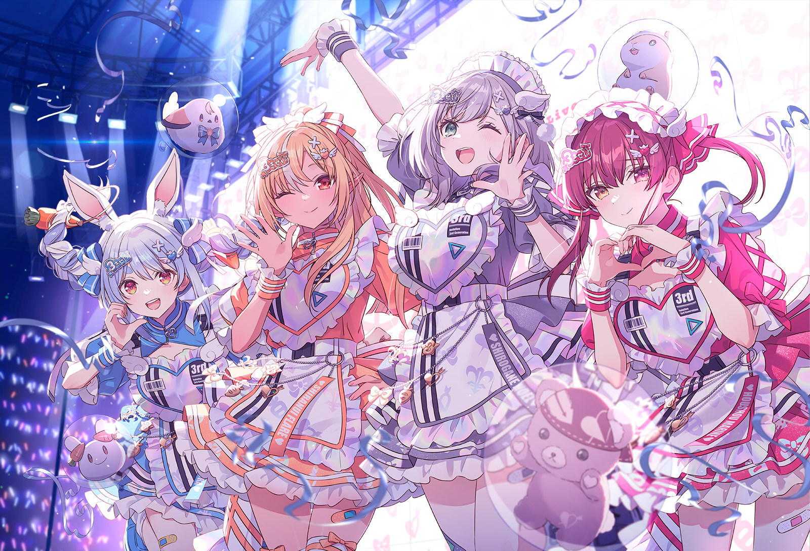 hechima (issindotai), dan'in-san (shirogane noel), elfriend (shiranui flare), houshou marine, pekomon (usada pekora), shiranui flare, shirogane noel, usada pekora, hololive, highres, official art, second-party source, 4girls, ;), ;d, animal ears, apron, arm up, blonde hair, blue dress, closed mouth, concert, dress, elf, frilled apron, frilled dress, frills, grey dress, grey hair, half-heart hands, hand up, hands up, heart, heart hands, heterochromia, long hair, long sleeves, looking at viewer, maid, maid apron, maid headdress, multiple girls, official alternate costume, one eye closed, open mouth, orange dress, outstretched arm, pink dress, pointy ears, puffy short sleeves, puffy sleeves, rabbit ears, rabbit girl, red hair, short sleeves, smile, teeth, upper teeth only, virtual youtuber, waving, white apron, wrist cuffs