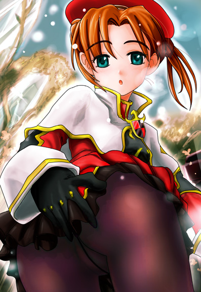 300cm, urokozuki, 1girl, ass, brown hair, crotch seam, female focus, gloves, green eyes, hat, looking back, pantyhose, solo