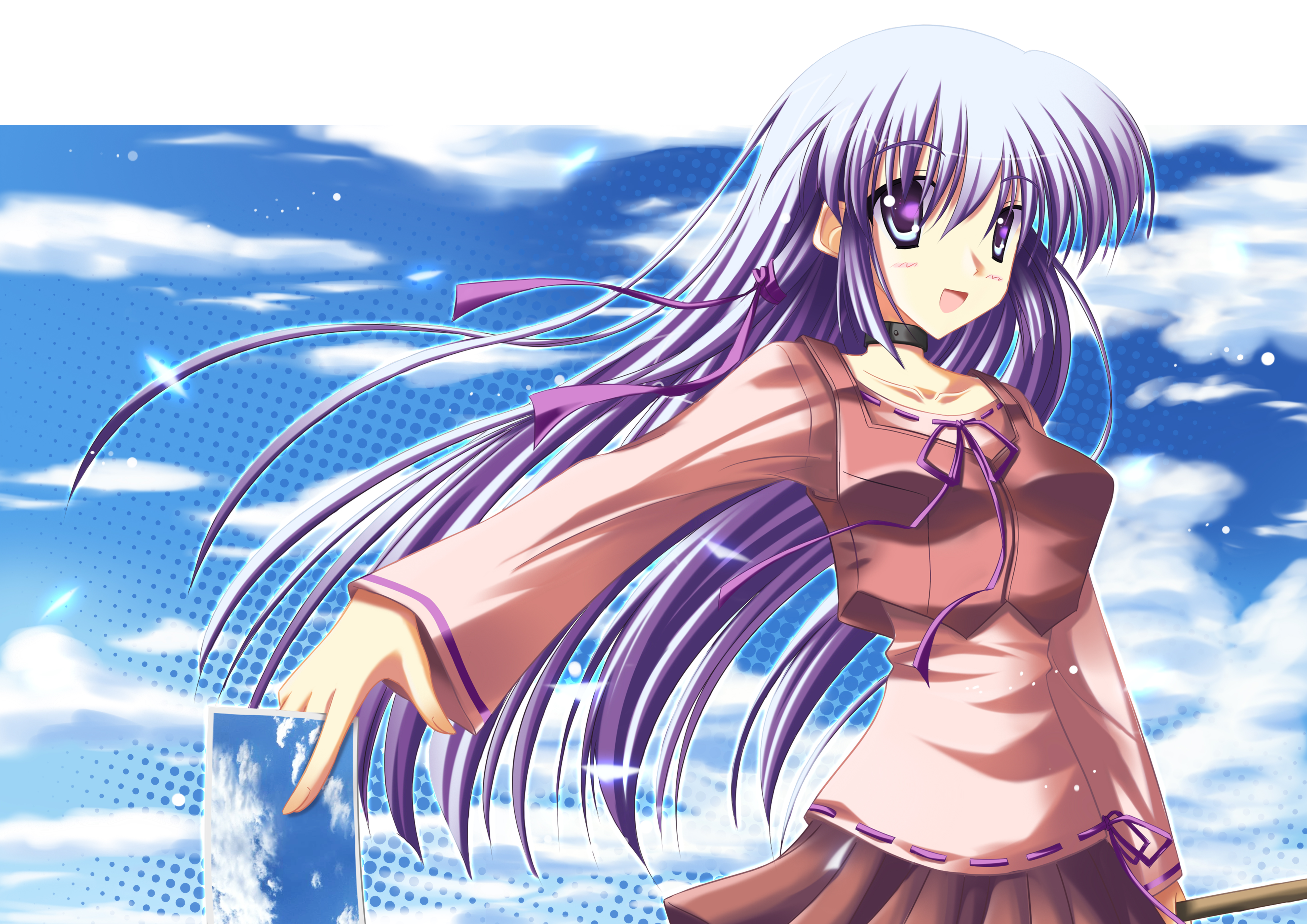 vashaps2, shihou matsuri, sola, absurdres, bad id, bad pixiv id, highres, 00s, 1girl, :d, blush, cloud, cloudy sky, cowboy shot, day, female focus, long hair, long sleeves, open mouth, outdoors, purple eyes, purple hair, sky, smile, solo, tareme, very long hair