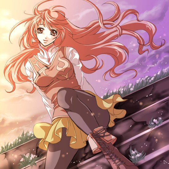 juliet, juliet fiammatta ars de capulet, romeo x juliet, 00s, 1girl, boots, brown eyes, cloud, female focus, flower, grass, head tilt, long hair, outdoors, pantyhose, pink eyes, pink hair, sitting, sitting on stairs, skirt, sky, smile, solo, stairs, sunset, tank top, turtleneck, wavy hair, wind
