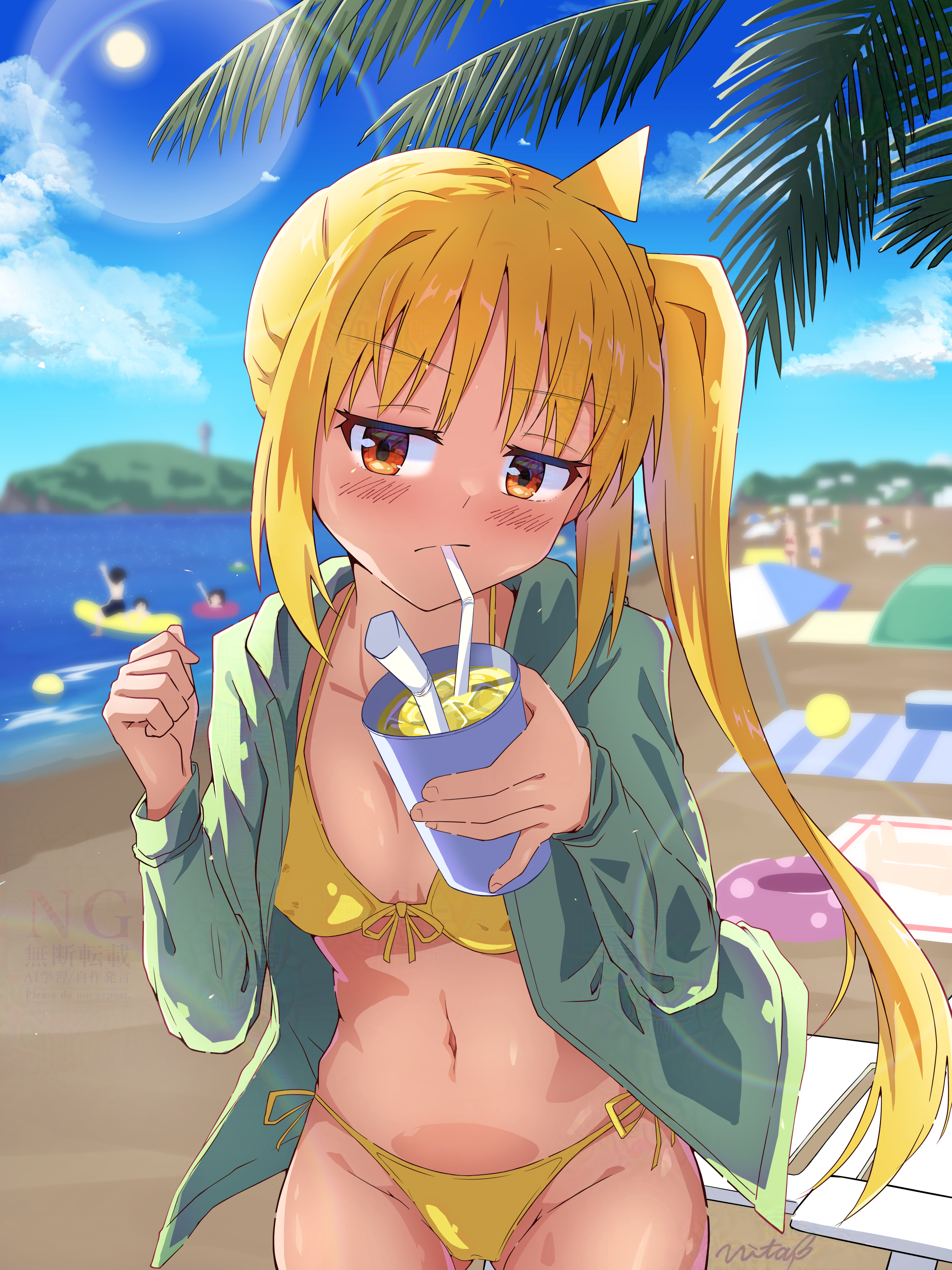vbpicture, ijichi nijika, bocchi the rock!, absurdres, highres, tagme, 1girl, ahoge, beach, bikini, blonde hair, blush, breasts, green jacket, jacket, lemonade, long hair, open clothes, open jacket, side ponytail, summer, swimsuit, yellow bikini