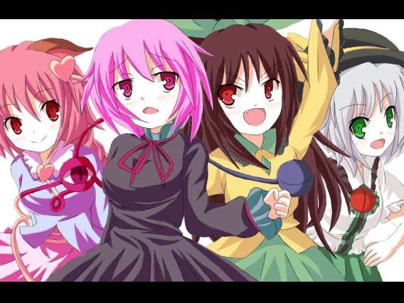 tamago gohan, kaenbyou rin, komeiji koishi, komeiji satori, reiuji utsuho, touhou, silver hair, bad id, bad pixiv id, 4girls, brown hair, cosplay, costume switch, fang, female focus, green eyes, letterboxed, multiple girls, open mouth, pink hair, red eyes, smile