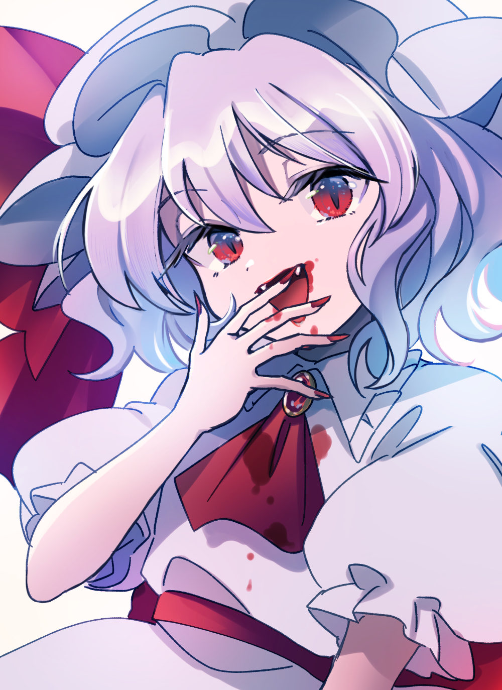 hanada hyou, remilia scarlet, touhou, commentary request, highres, 1girl, :d, ascot, back bow, blood, blood on clothes, blood on face, blood on hands, bow, brooch, covering own mouth, fangs, frilled shirt collar, frills, gem, grey hat, grey shirt, hand over own mouth, hat, hat ribbon, jewelry, looking at viewer, mob cap, open mouth, puffy short sleeves, puffy sleeves, purple hair, red ascot, red bow, red eyes, red gemstone, red ribbon, ribbon, shirt, short hair, short sleeves, slit pupils, smile, solo, upper body, white background