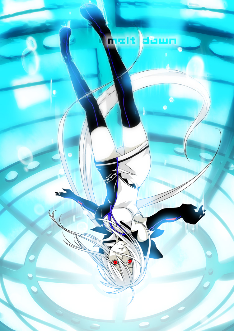 caffein, yowane haku, roshin yuukai (vocaloid), vocaloid, silver hair, 1girl, boots, female focus, full body, long hair, red eyes, solo, thigh boots, thighhighs, underwater