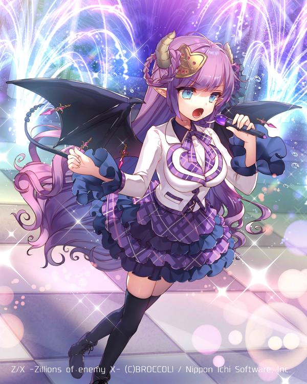 masaru.jp, z/x, official art, 1girl, black shoes, black thighhighs, blue eyes, bow, bowtie, braid, braided hair rings, brown horns, concert, copyright notice, demon girl, demon horns, demon tail, demon wings, hair ornament, hair rings, holding, holding microphone, horns, jacket, long hair, lower teeth only, microphone, open mouth, pointy ears, purple bow, purple bowtie, purple hair, purple skirt, purple trim, shirt, shoes, skirt, solo, sparkle, stage, tail, teeth, thighhighs, ugly (z/x), white jacket, white shirt, wings