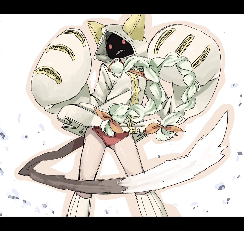 taokaka, arc system works, blazblue, animal ears, animal hood, braid, cat hood, hood, hoodie, letterboxed, red eyes, ribbon, solo, tail, twin braids