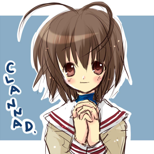 oumi neneha, furukawa nagisa, clannad, bad id, bad pixiv id, lowres, 00s, 1girl, antenna hair, brown eyes, brown hair, female focus, own hands clasped, own hands together, school uniform, solo