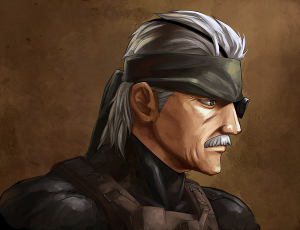 hinoe (dd works), old snake, solid snake, metal gear (series), metal gear solid 4: guns of the patriots, bad id, bad pixiv id, 1boy, black eyes, eyepatch, facial hair, headband, male focus, manly, mustache, solo, white hair