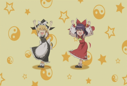 hakurei reimu, kirisame marisa, touhou, animated, animated gif, lowres, non-web source, > <, closed eyes, dancing, female focus
