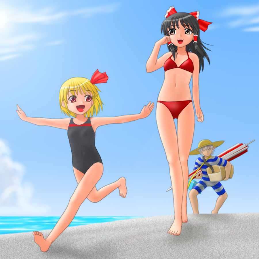 oka takeshi, buront, hakurei reimu, rumia, embodiment of scarlet devil, final fantasy, final fantasy xi, the iron of yin and yang, touhou, 00s, 1boy, 2girls, barefoot, beach, bikini, black hair, blonde hair, brown eyes, child, day, feet, long hair, multiple girls, one-piece swimsuit, outdoors, outstretched arms, red eyes, short hair, spread arms, swimsuit