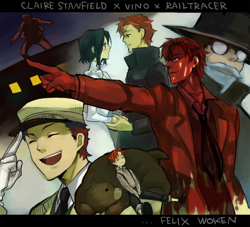 nanamura, chane laforet, claire stanfield, baccano!, bad id, bad pixiv id, 00s, 1boy, 1girl, blood, multiple persona, objection, pointing
