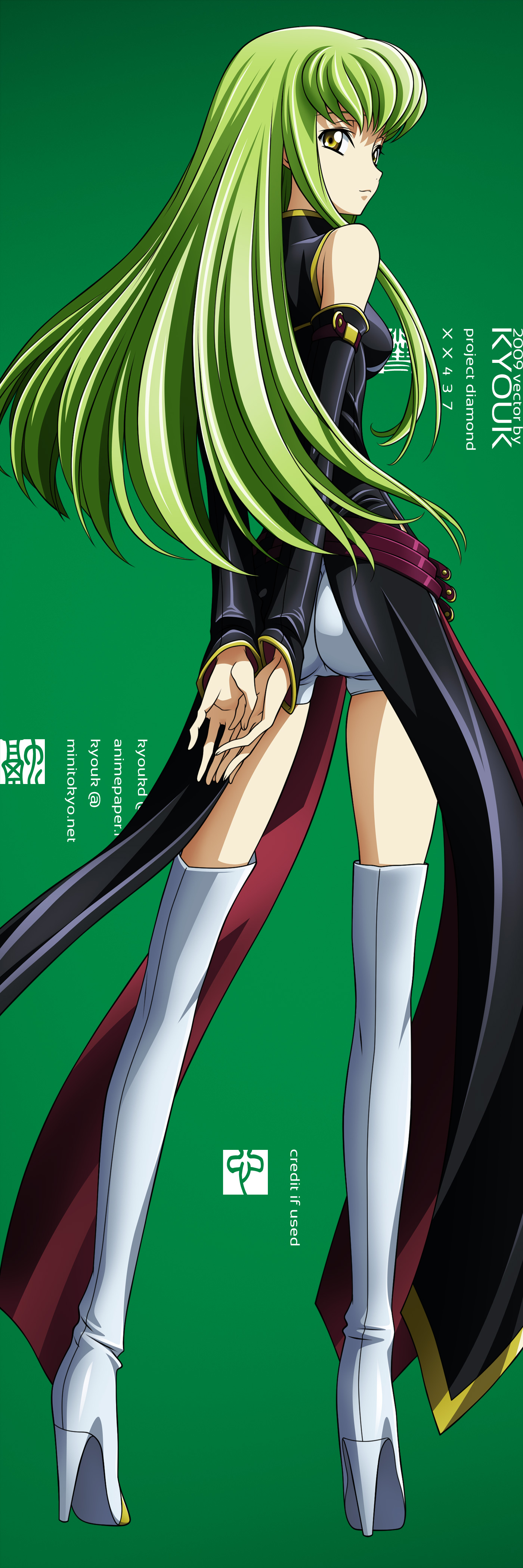kimura takahiro, c.c., code geass, absurdres, derivative work, highres, long image, tall image, vector trace, 00s, 1girl, female focus, solo, thighhighs