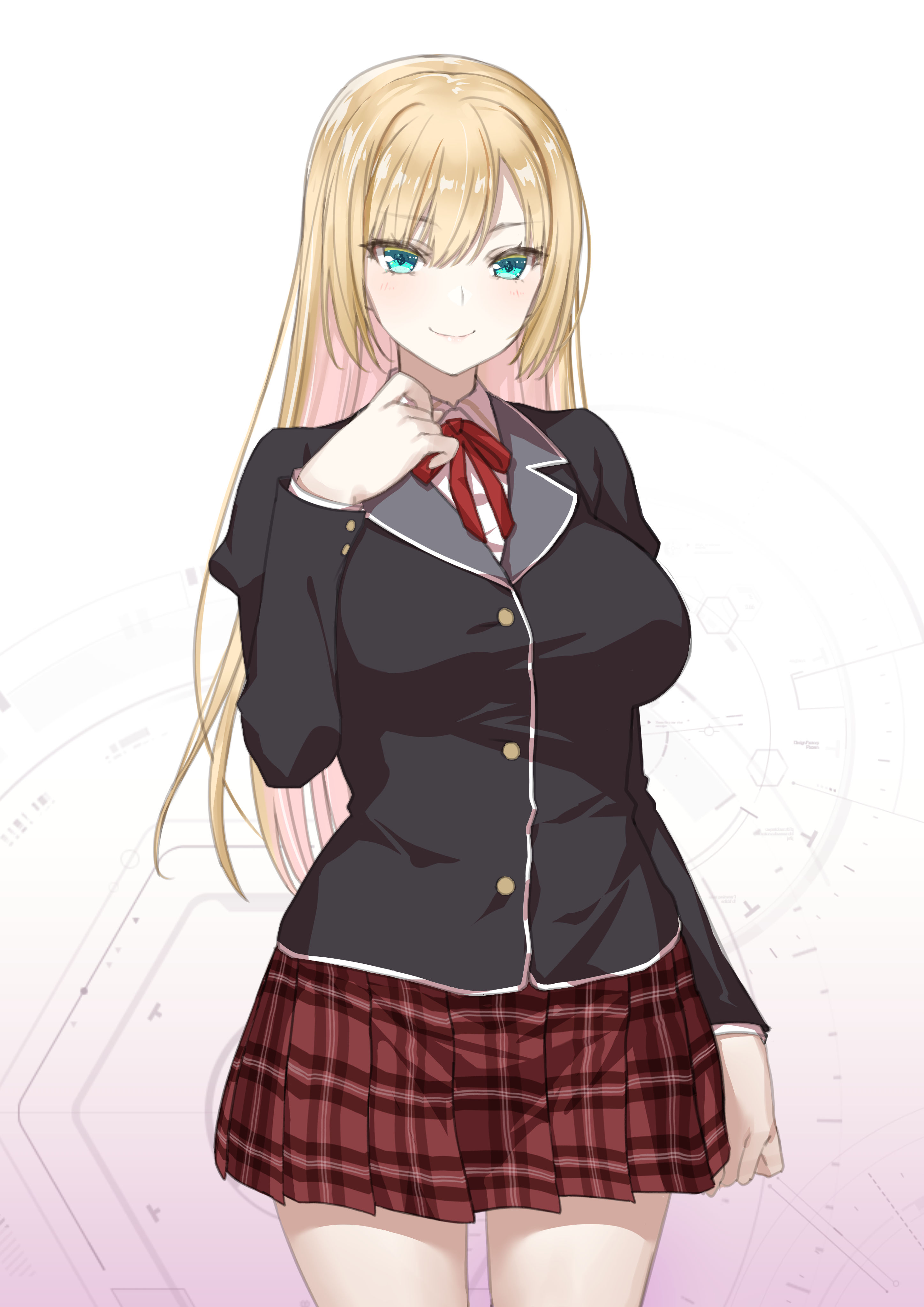 body (bacoborn), original, absurdres, commentary request, highres, 1girl, black jacket, blazer, blonde hair, blue eyes, breasts, closed mouth, collared shirt, gradient background, hair between eyes, hand up, jacket, long hair, looking at viewer, medium breasts, multicolored hair, neck ribbon, pink background, pink hair, plaid clothes, plaid skirt, pleated skirt, red ribbon, red skirt, ribbon, school uniform, shirt, skirt, smile, solo, two-tone hair, very long hair, white background, white shirt