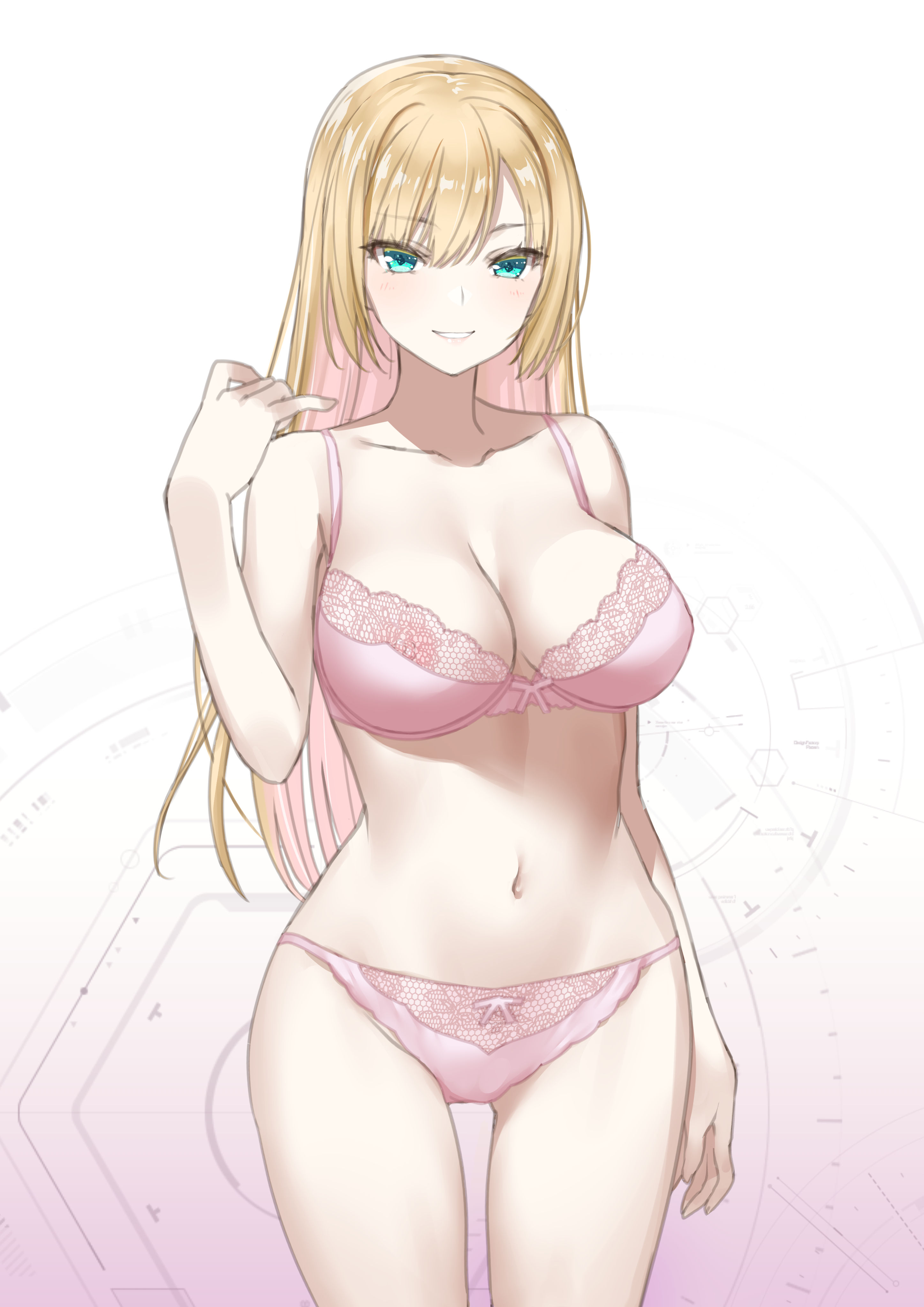 body (bacoborn), original, absurdres, highres, 1girl, bare arms, bare shoulders, blonde hair, blue eyes, bow, bow bra, bow panties, bra, breasts, cleavage, collarbone, gradient background, hair between eyes, hand up, looking at viewer, medium breasts, multicolored hair, navel, panties, pink background, pink bra, pink hair, pink panties, smile, solo, two-tone hair, underwear, underwear only, white background