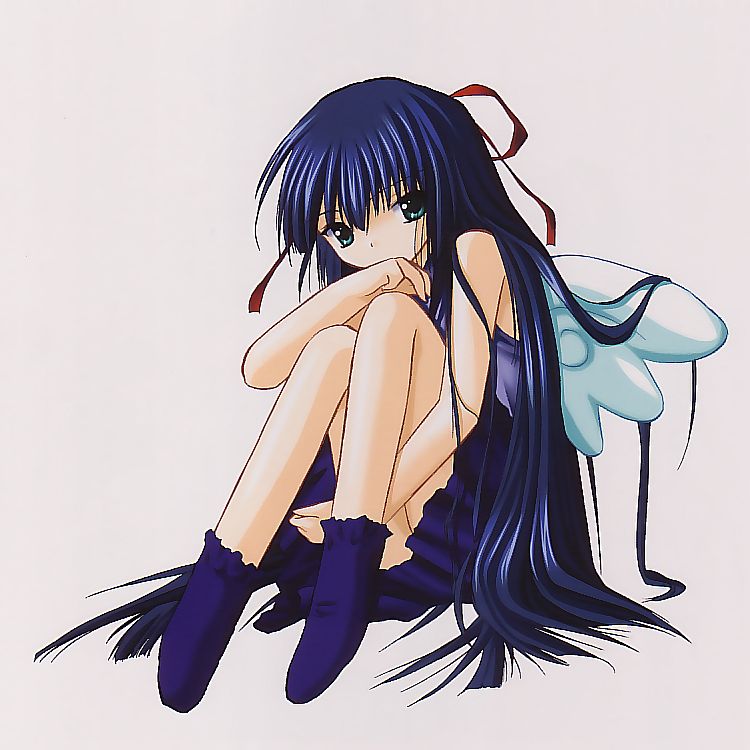 karasuma chitose, galaxy angel, non-web source, 00s, 1girl, angel, blue hair, boots, dress, female focus, green eyes, hair ribbon, hugging own legs, long hair, looking at viewer, ribbon, sitting, solo, very long hair, wings