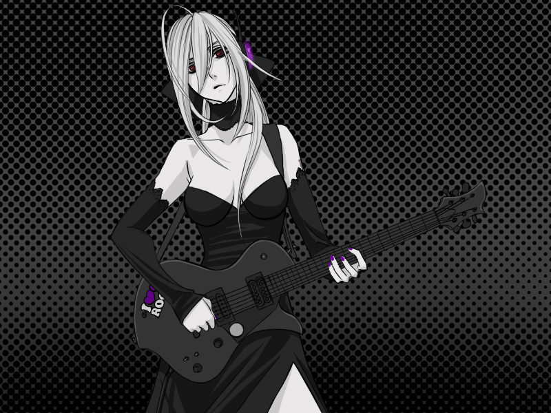 chikotsu, yowane haku, vocaloid, silver hair, bad id, bad pixiv id, 1girl, breasts, choker, cleavage, dress, elbow gloves, female focus, gloves, guitar, instrument, long hair, monochrome, nail polish, ponytail, purple nails, red eyes, ribbon, solo, spot color