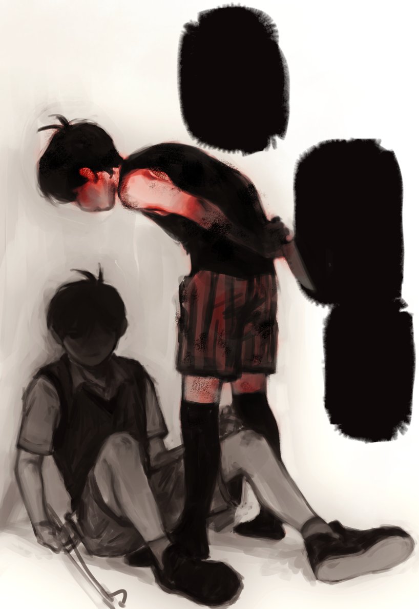 r3dhands, sunny (omori), omori, 2boys, antenna hair, black sweater vest, blank speech bubble, faceless, faceless male, full body, kneehighs, kneeling, knife, looking at another, looking down, multiple boys, partially colored, shorts, sitting, socks, speech bubble, spot color, striped clothes, striped shorts, sweater vest, vertical-striped clothes, vertical-striped shorts, white background