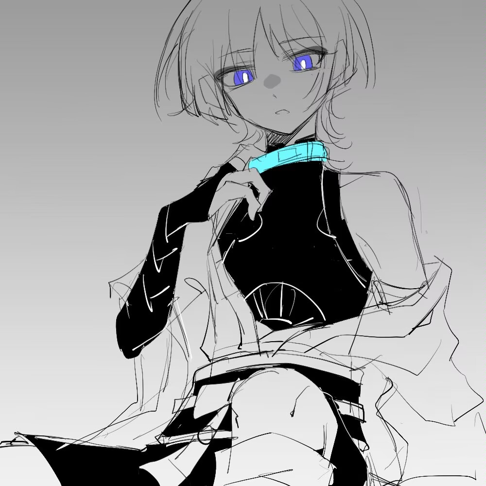 mohu 116, scaramouche (genshin impact), wanderer (genshin impact), genshin impact, 1boy, arm at side, armor, belt, blunt ends, bodysuit, bow, bridal gauntlets, bright pupils, collar, furisode, grey background, greyscale, hand up, japanese armor, japanese clothes, kimono, kote, looking down, male focus, middle ring, monochrome, open clothes, open kimono, open mouth, parted bangs, purple eyes, rope, sash, short sleeves, shorts, single bare shoulder, single off shoulder, sketch, solo, spot color, white pupils