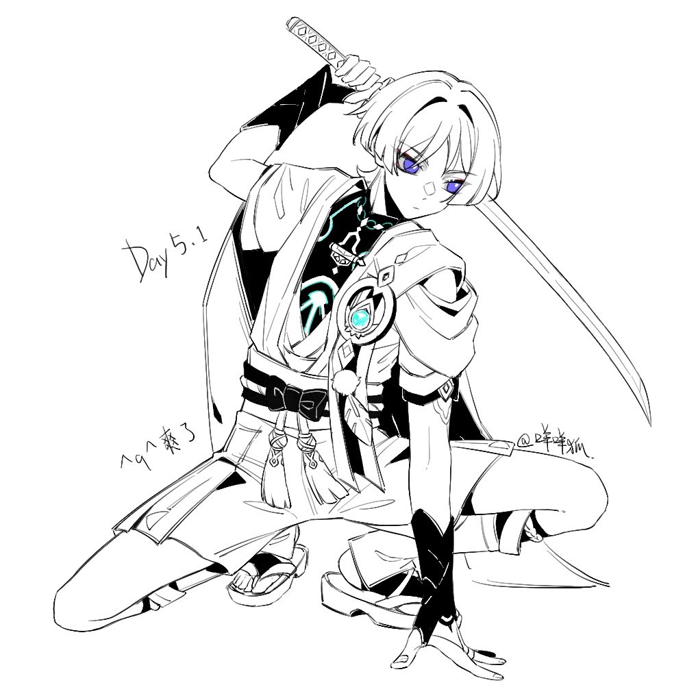 mohu 116, scaramouche (genshin impact), wanderer (genshin impact), genshin impact, translation request, 1boy, ^ ^, ^q^, aqua gemstone, armor, belt, blunt ends, bodysuit, bow, bridal legwear, bright pupils, cape, closed eyes, closed mouth, expressionless, eyeliner, eyeshadow, feathers, furisode, gem, glowing gem, glowing markings, gold ring, hair intakes, hakama, hakama shorts, hand on ground, hand up, holding, holding sword, holding weapon, japanese armor, japanese clothes, katana, kimono, kote, layered sleeves, looking to the side, makeup, male focus, mandarin collar, middle ring, partially colored, pleated shorts, pom pom (clothes), purple eyes, pussy juice, red eyeliner, red eyeshadow, rope, sandals, sash, short sleeves, shorts, shoulder peek, solo, squatting, stirrup legwear, sword, tassel, toeless legwear, toes, tsurime, twitter username, vision (genshin impact), weapon, white pupils, wispy bangs, zouri