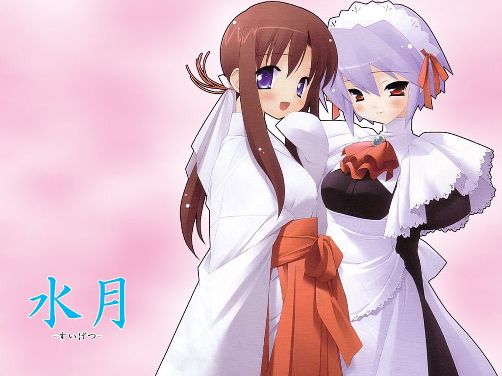 gayarou, kotonomiya yuki, miyashiro karin, suigetsu, non-web source, 2girls, blue eyes, blue hair, blush, brooch, brown hair, hair ribbon, japanese clothes, jewelry, long hair, maid, miko, multiple girls, ponytail, purple eyes, red eyes, ribbon, short hair, smile, turtleneck