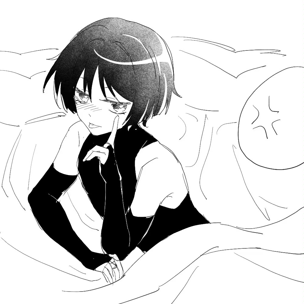 mohu 116, scaramouche (genshin impact), wanderer (genshin impact), genshin impact, 1boy, :p, akanbe, anger vein, blanket, blunt ends, blush, bodysuit, bridal gauntlets, eyelid pull, finger to eye, greyscale, half-closed eyes, index finger raised, looking at viewer, male focus, middle ring, monochrome, sketch, sleeveless, sleeveless bodysuit, solo, tongue, tongue out, under covers, wispy bangs