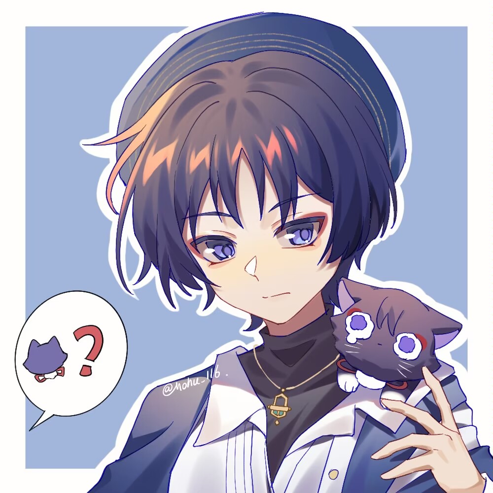 mohu 116, scaramouche (cat) (genshin impact), scaramouche (genshin impact), wanderer (genshin impact), wanderer (wanderer impression) (genshin impact), genshin impact, 1boy, ?, animalization, beret, black hair, black shirt, blue background, blue hat, blue shawl, blunt ends, border, casual, closed mouth, collared shirt, contemporary, eyeliner, eyeshadow, gold necklace, gold pendant, hand up, hat, jewelry, looking at animal, makeup, male focus, multicolored hair, necklace, official alternate costume, open hand, orange hair, outline, person and animalization, portrait, purple eyes, red eyeliner, red eyeshadow, shawl, shirt, solo, spoken animal, spoken question mark, streaked hair, tsurime, turtleneck, turtleneck shirt, twitter username, undershirt, white border, white outline, white shirt, white sleeves, wispy bangs