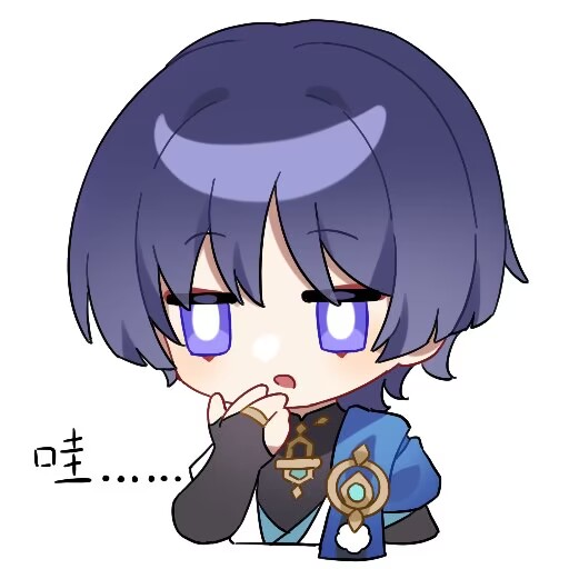 mohu 116, scaramouche (genshin impact), wanderer (genshin impact), genshin impact, translation request, 1boy, arm at side, asymmetrical sleeves, black bodysuit, black bridal gauntlets, blue kimono, blue sleeves, blunt ends, bodysuit, bridal gauntlets, bright pupils, chibi, cropped torso, dilated pupils, eyeliner, eyeshadow, gold ring, hand on own face, japanese clothes, jitome, juban, kimono, looking to the side, makeup, male focus, mandarin collar, middle ring, mismatched sleeves, open clothes, open hand, open kimono, open mouth, purple eyes, purple hair, red eyeliner, red eyeshadow, short sleeves, solo, white background, white kimono, white pupils, white sleeves